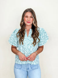 Daisy Dusk Puff Sleeve Blouse-Sage