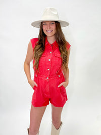 Cherry Red Acid Wash Button-Up Romper