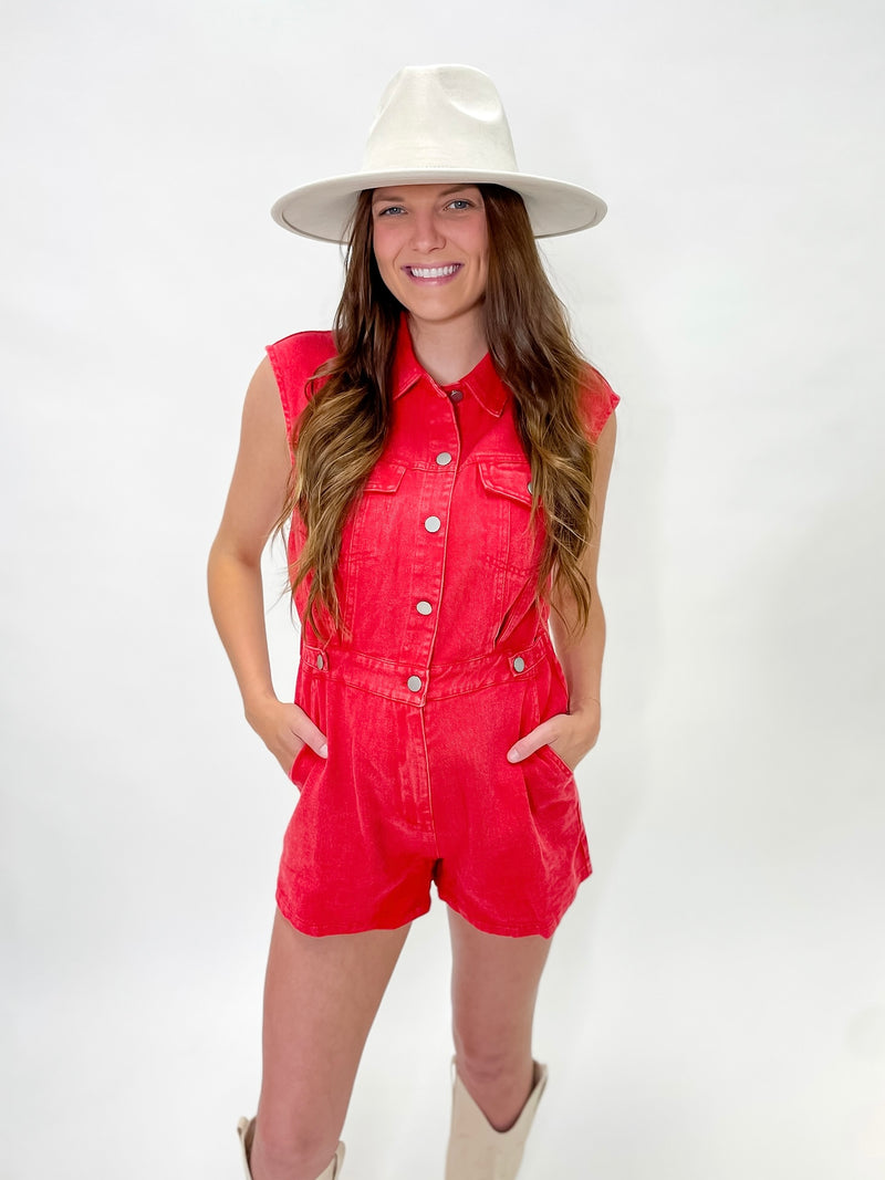 Cherry Red Acid Wash Button-Up Romper