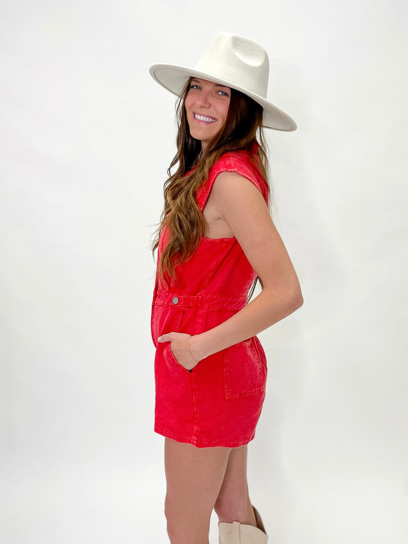 Cherry Red Acid Wash Button-Up Romper