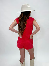 Cherry Red Acid Wash Button-Up Romper