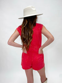 Cherry Red Acid Wash Button-Up Romper