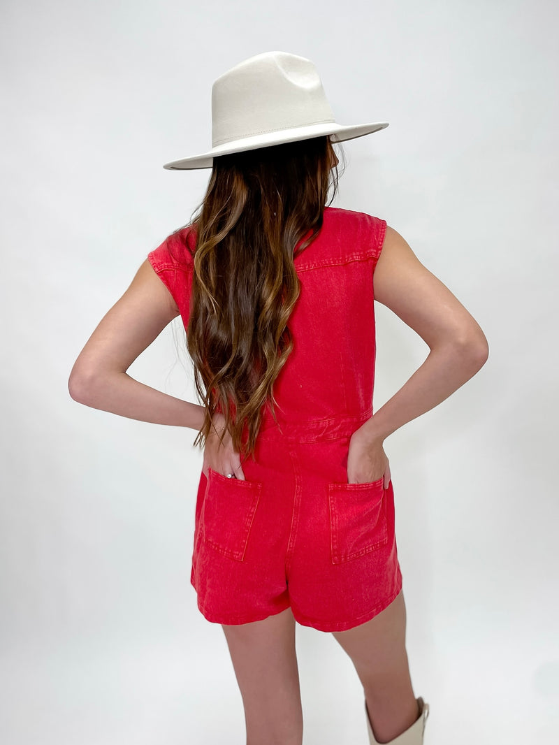 Cherry Red Acid Wash Button-Up Romper