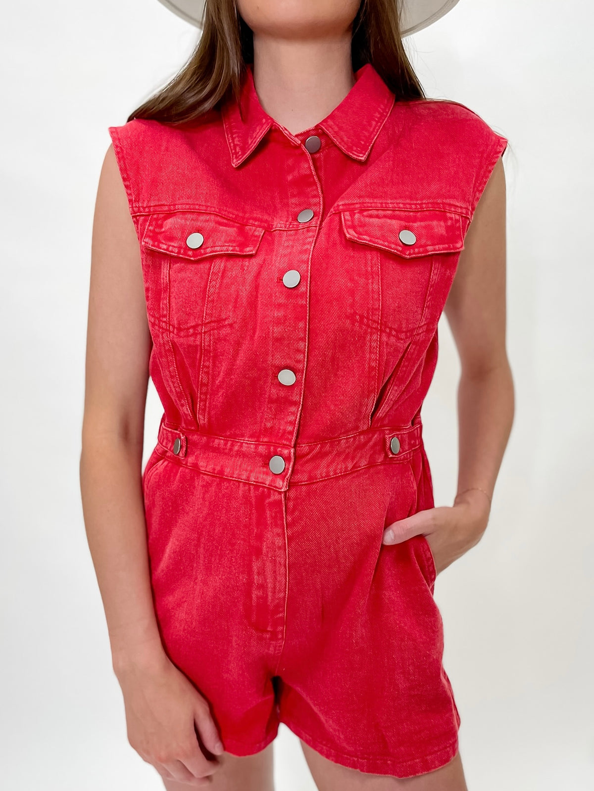 Cherry Red Acid Wash Button-Up Romper