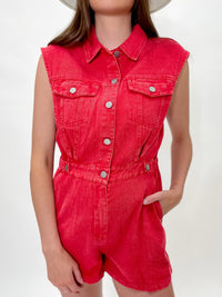 Cherry Red Acid Wash Button-Up Romper