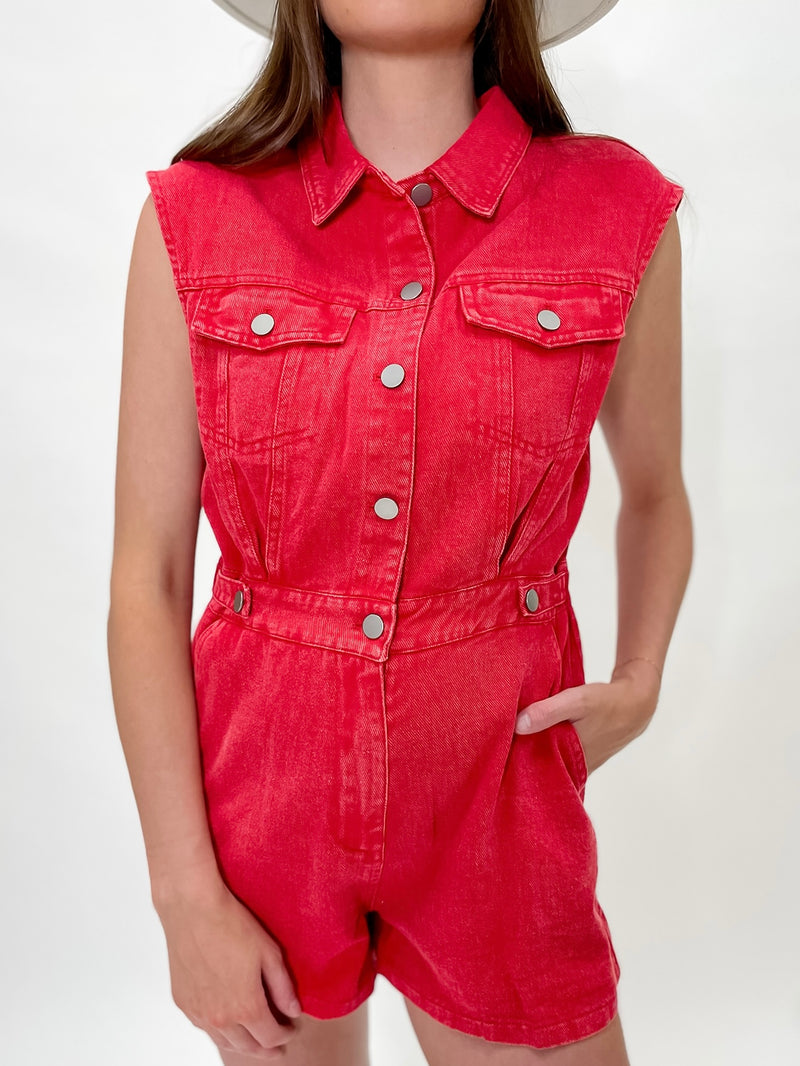 Cherry Red Acid Wash Button-Up Romper