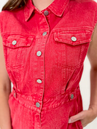 Cherry Red Acid Wash Button-Up Romper