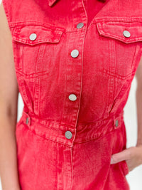 Cherry Red Acid Wash Button-Up Romper