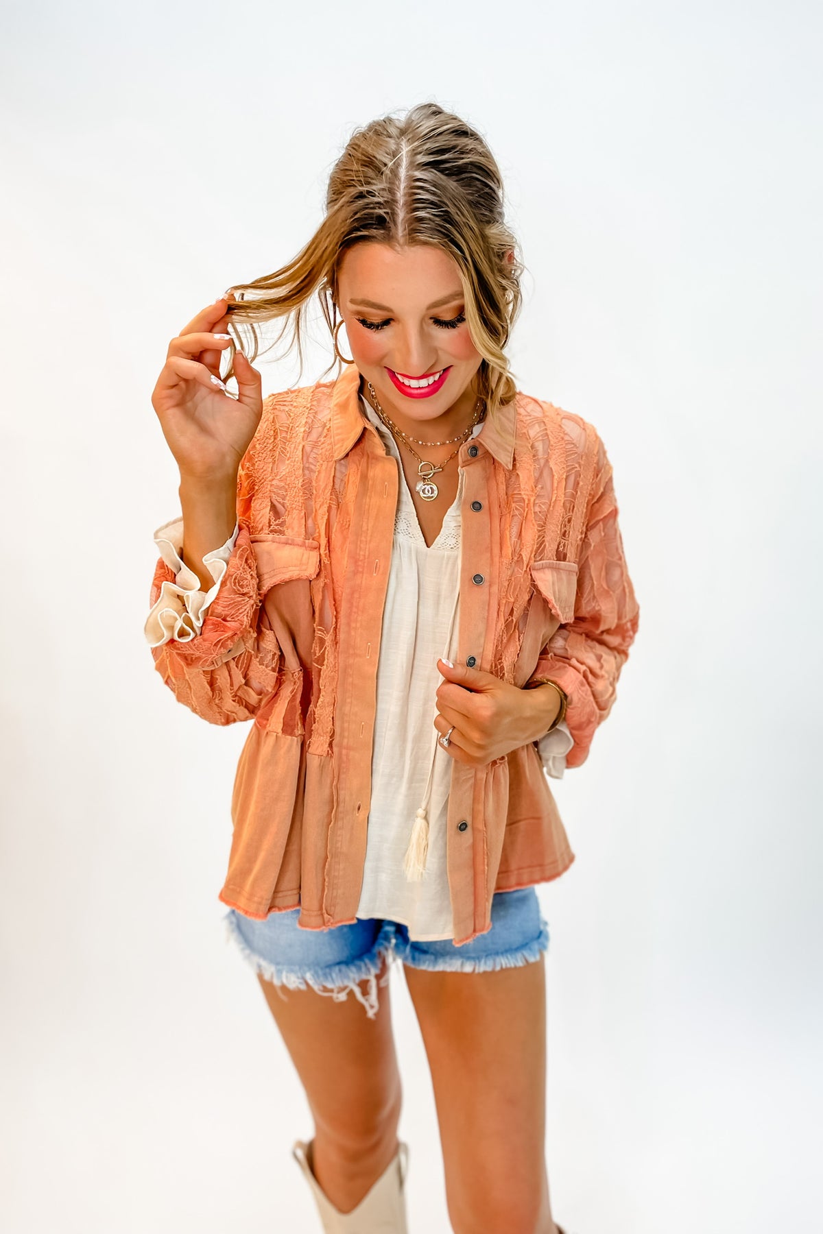 Coral Crochet Patch Lace Jacket