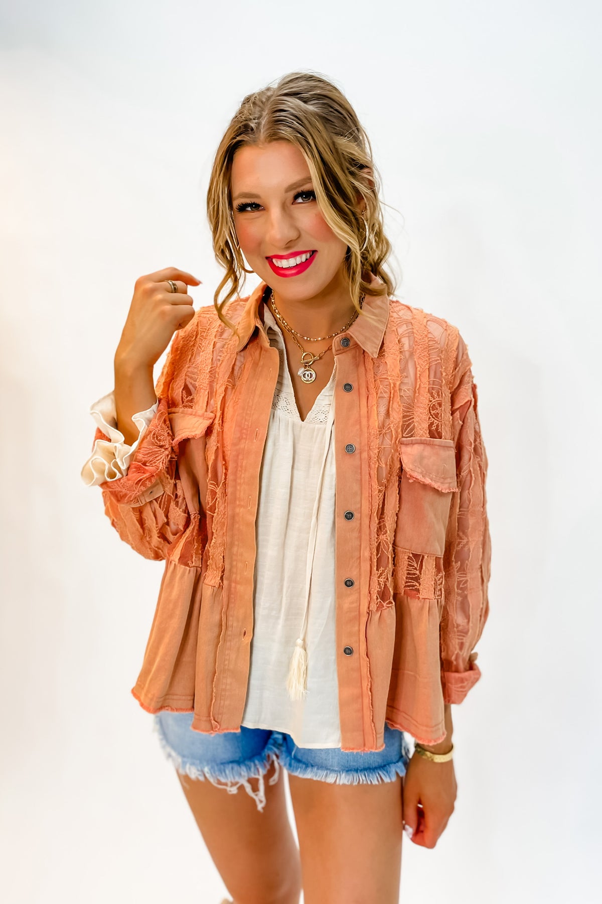 Coral Crochet Patch Lace Jacket