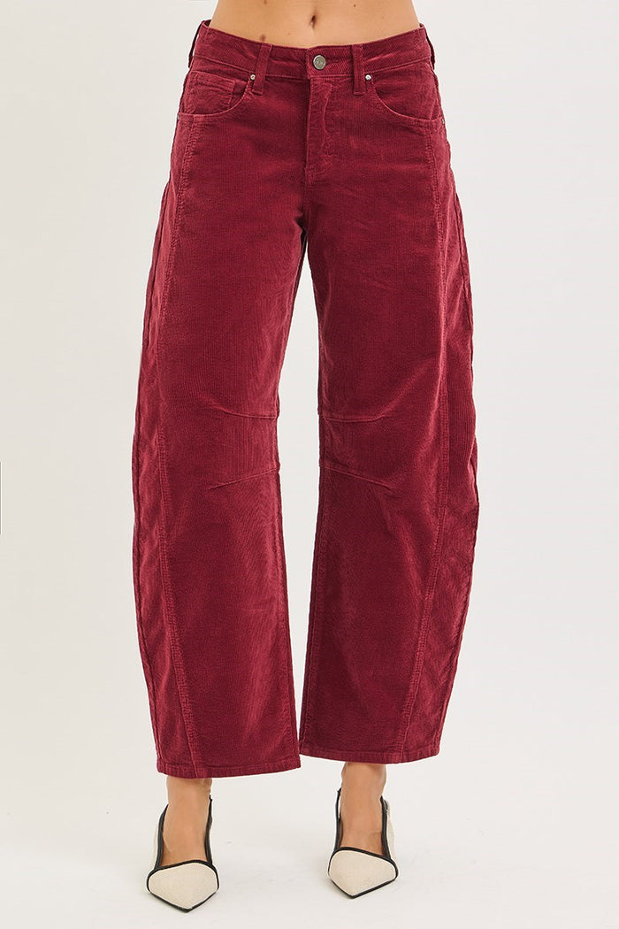 Slouchy Ankle Barrel Corduroy Jeans-Wine