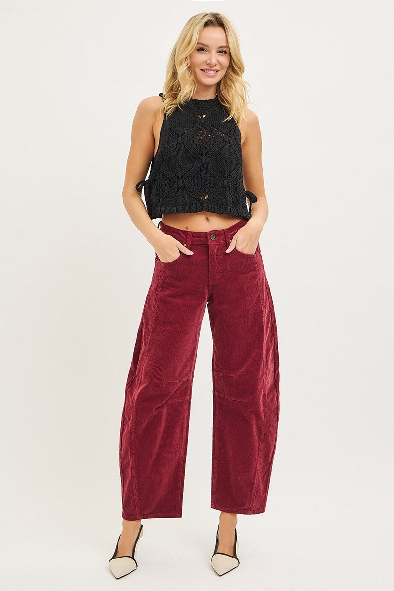 Slouchy Ankle Barrel Corduroy Jeans-Wine