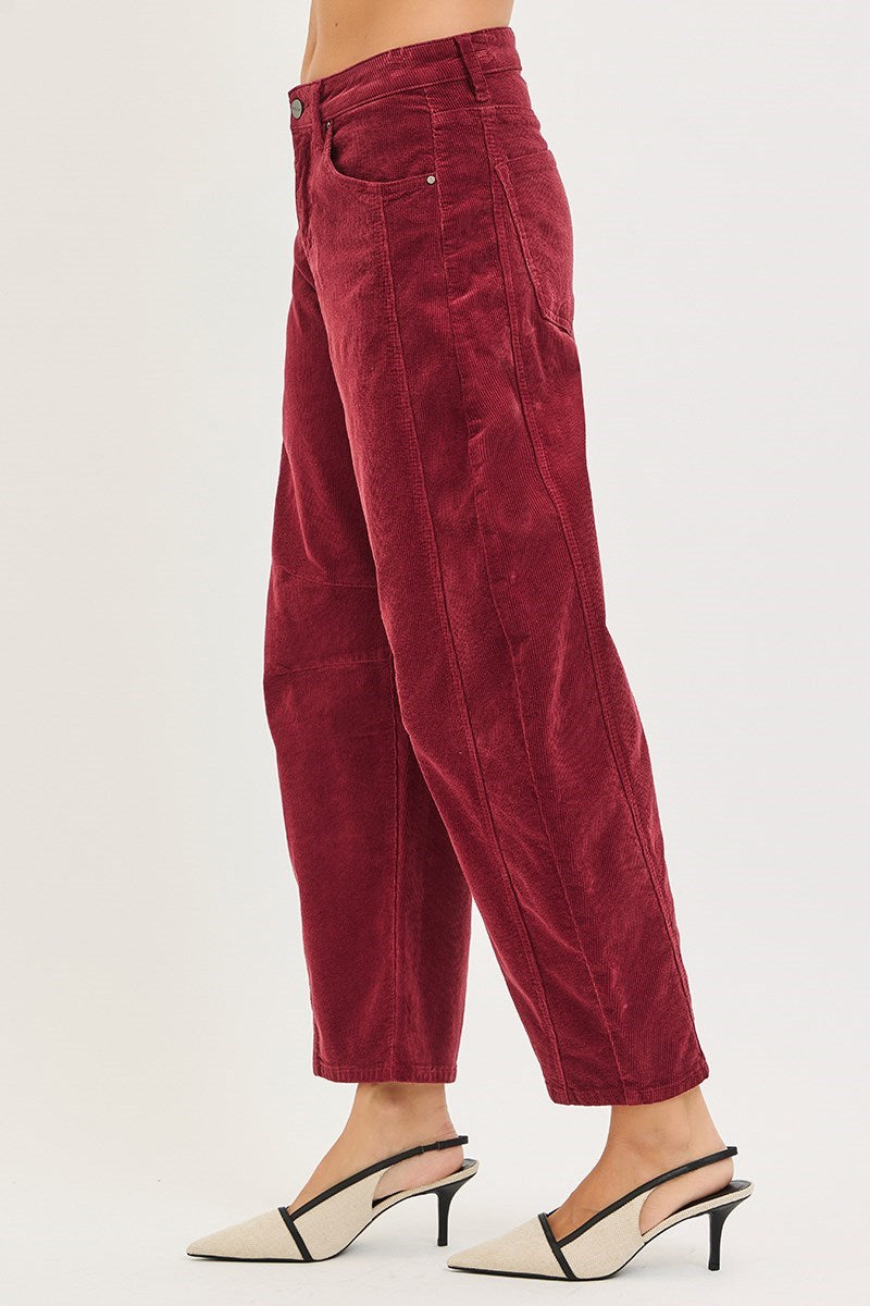 Slouchy Ankle Barrel Corduroy Jeans-Wine