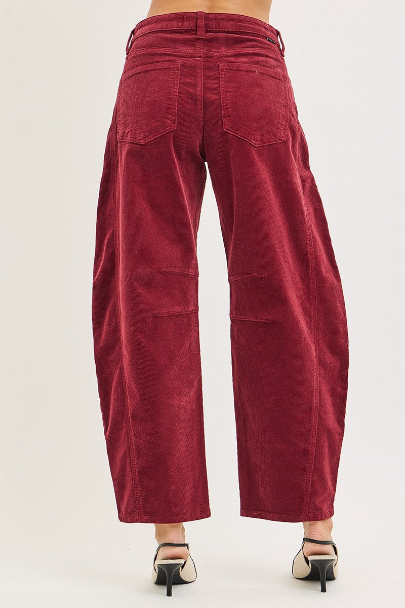 Slouchy Ankle Barrel Corduroy Jeans-Wine