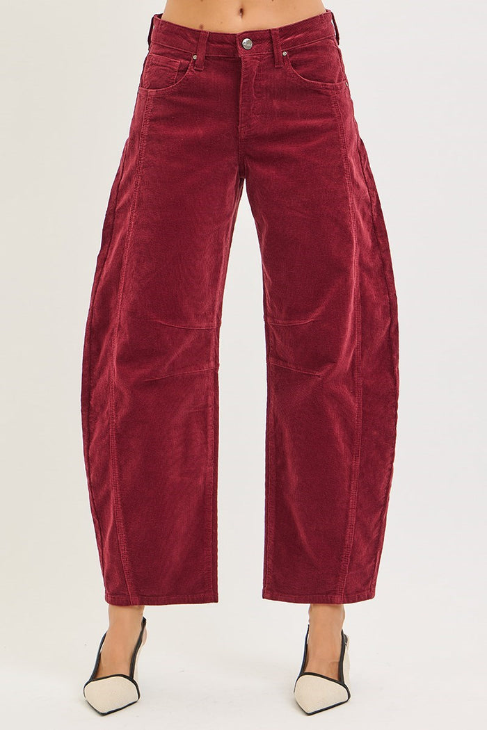 Slouchy Ankle Barrel Corduroy Jeans-Wine