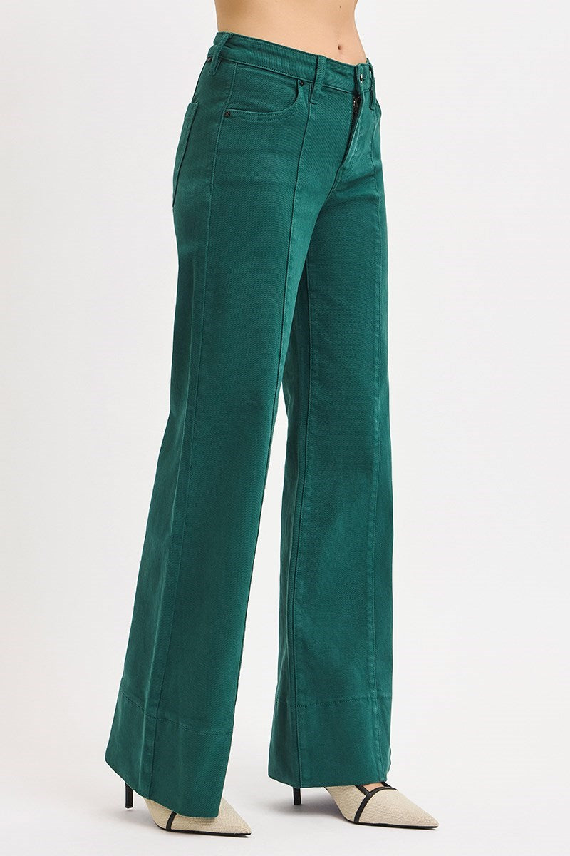 Risen Mid Rise Wide Leg with Wide Hem Jeans-Hunter Green