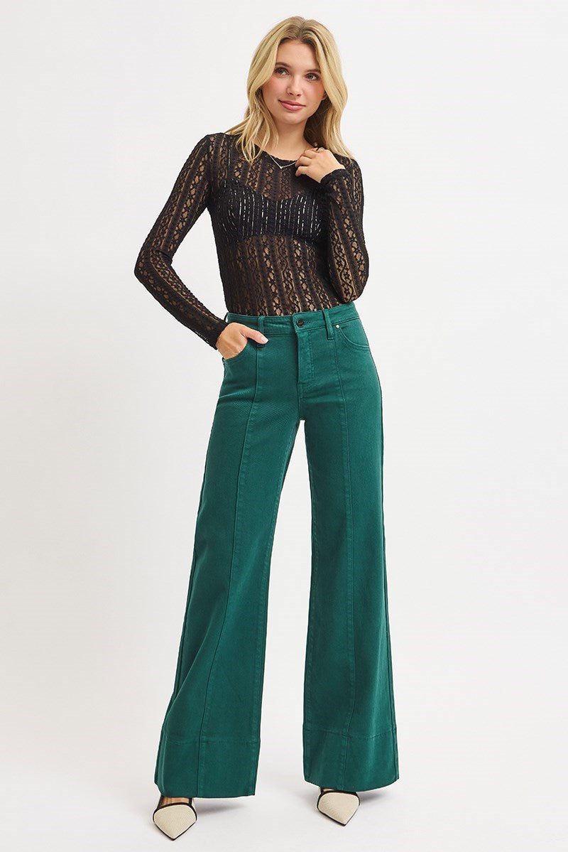 Risen Mid Rise Wide Leg with Wide Hem Jeans-Hunter Green