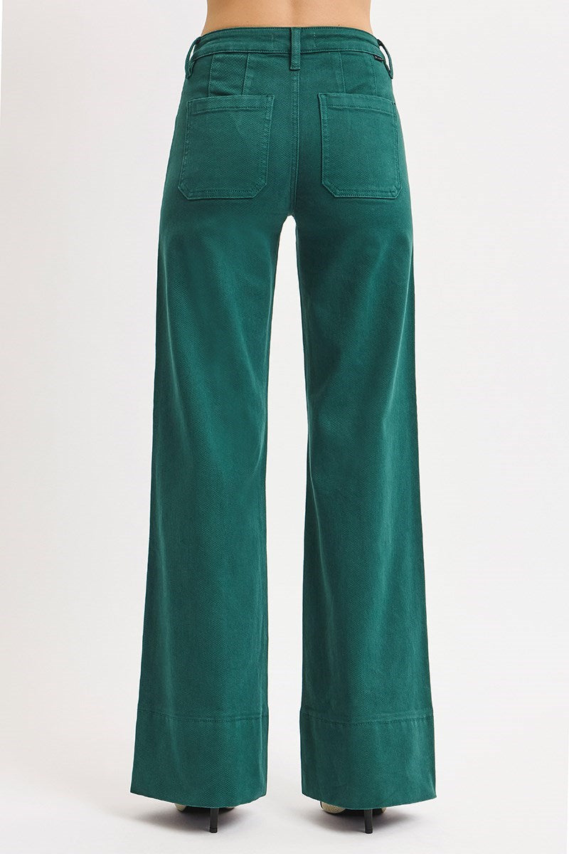 Risen Mid Rise Wide Leg with Wide Hem Jeans-Hunter Green