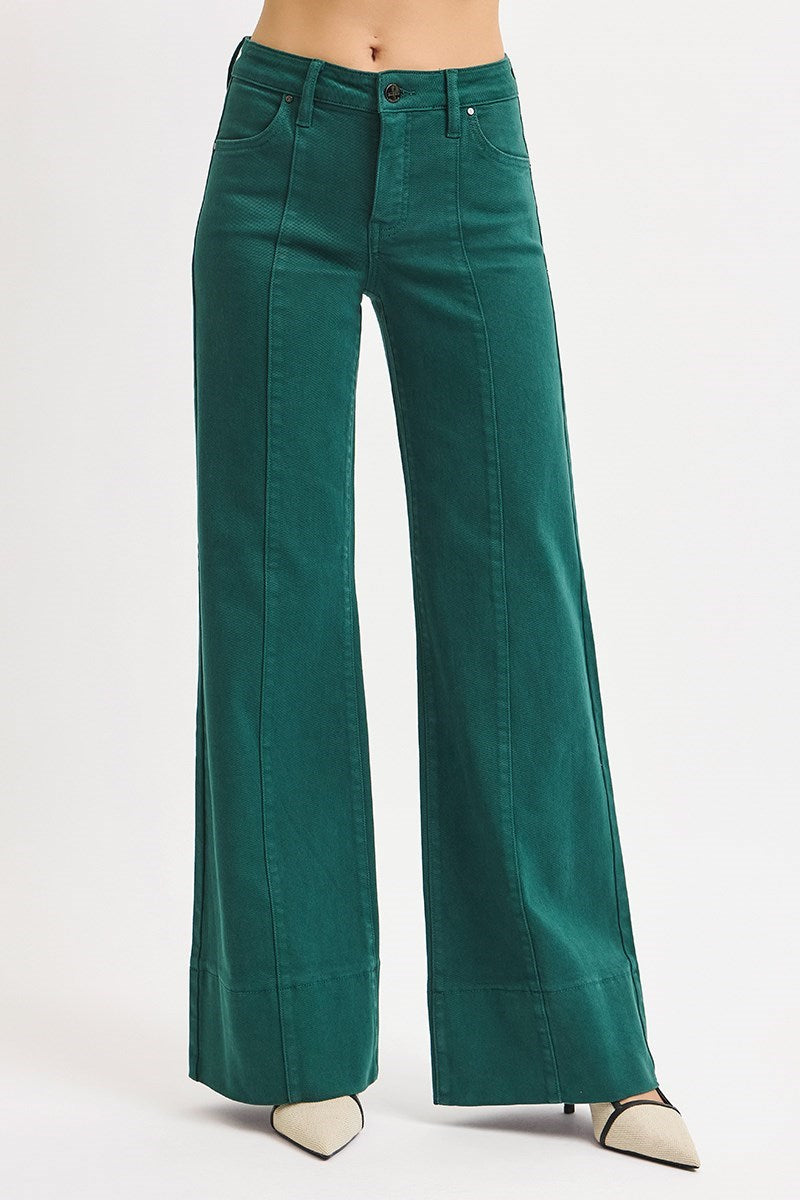 Risen Mid Rise Wide Leg with Wide Hem Jeans-Hunter Green