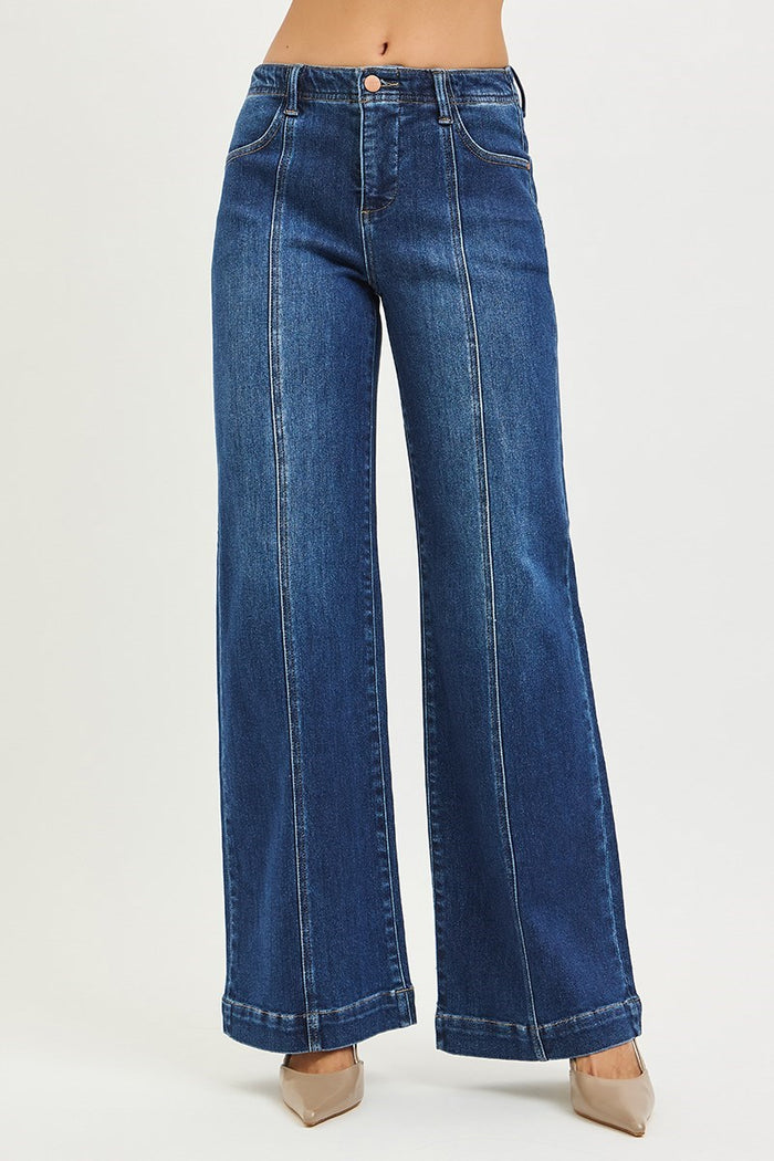 Risen Wide Leg Jeans with Front Seam Detail