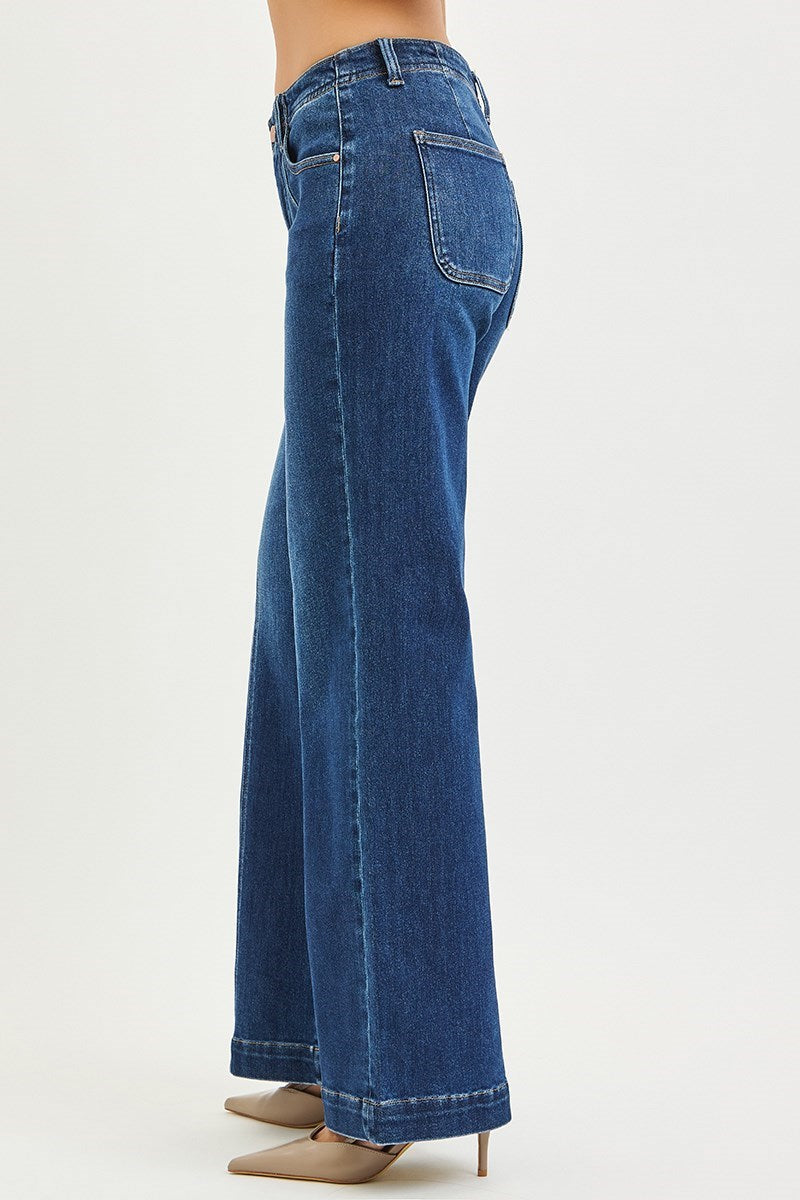Risen Wide Leg Jeans with Front Seam Detail