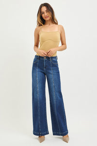 Risen Wide Leg Jeans with Front Seam Detail