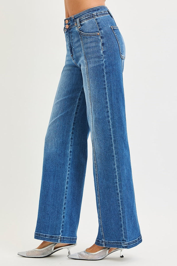 High Rise Wide Jeans with Front and Back Curved Seam Detail -Risen