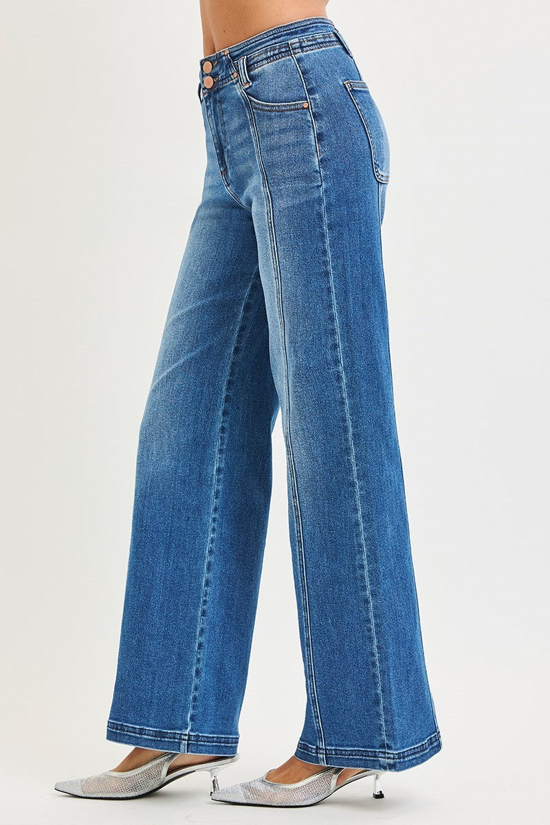 High Rise Wide Jeans with Front and Back Curved Seam Detail -Risen