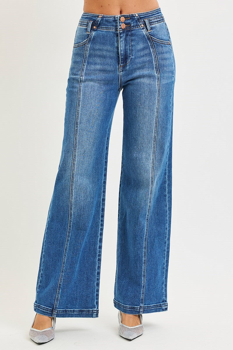 High Rise Wide Jeans with Front and Back Curved Seam Detail -Risen