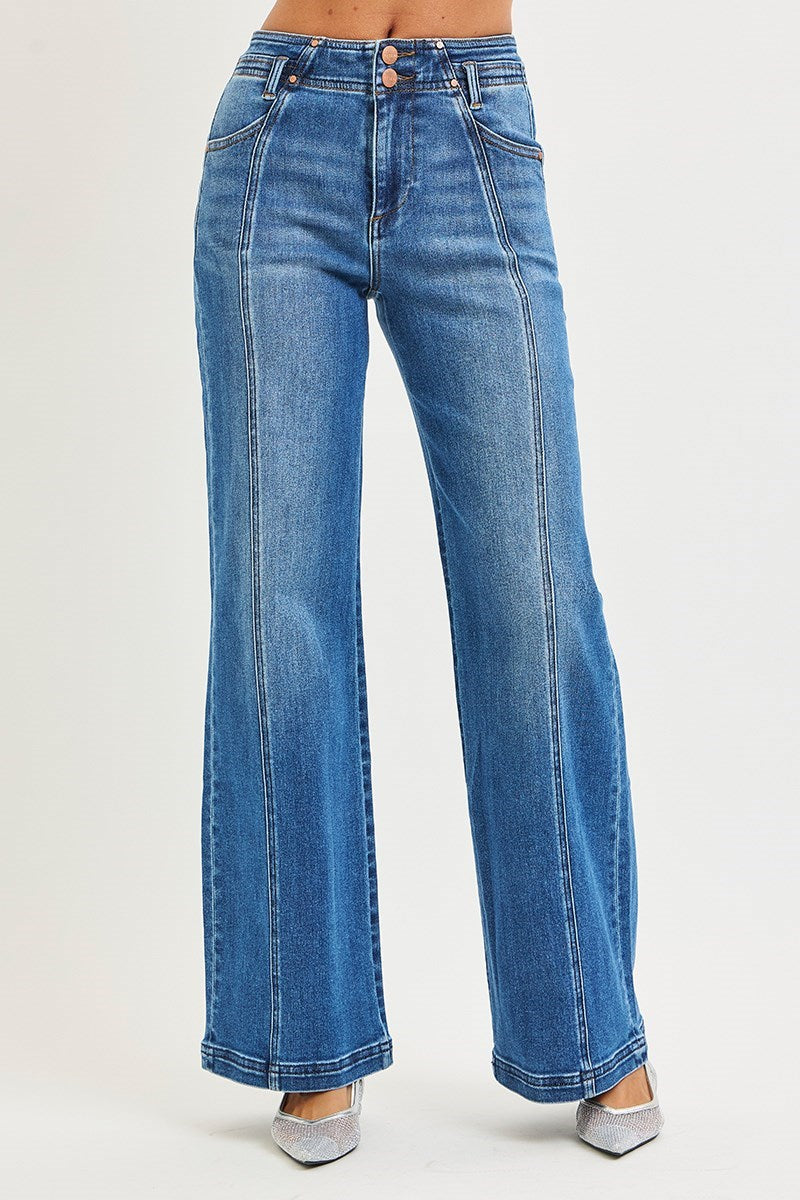 High Rise Wide Jeans with Front and Back Curved Seam Detail -Risen