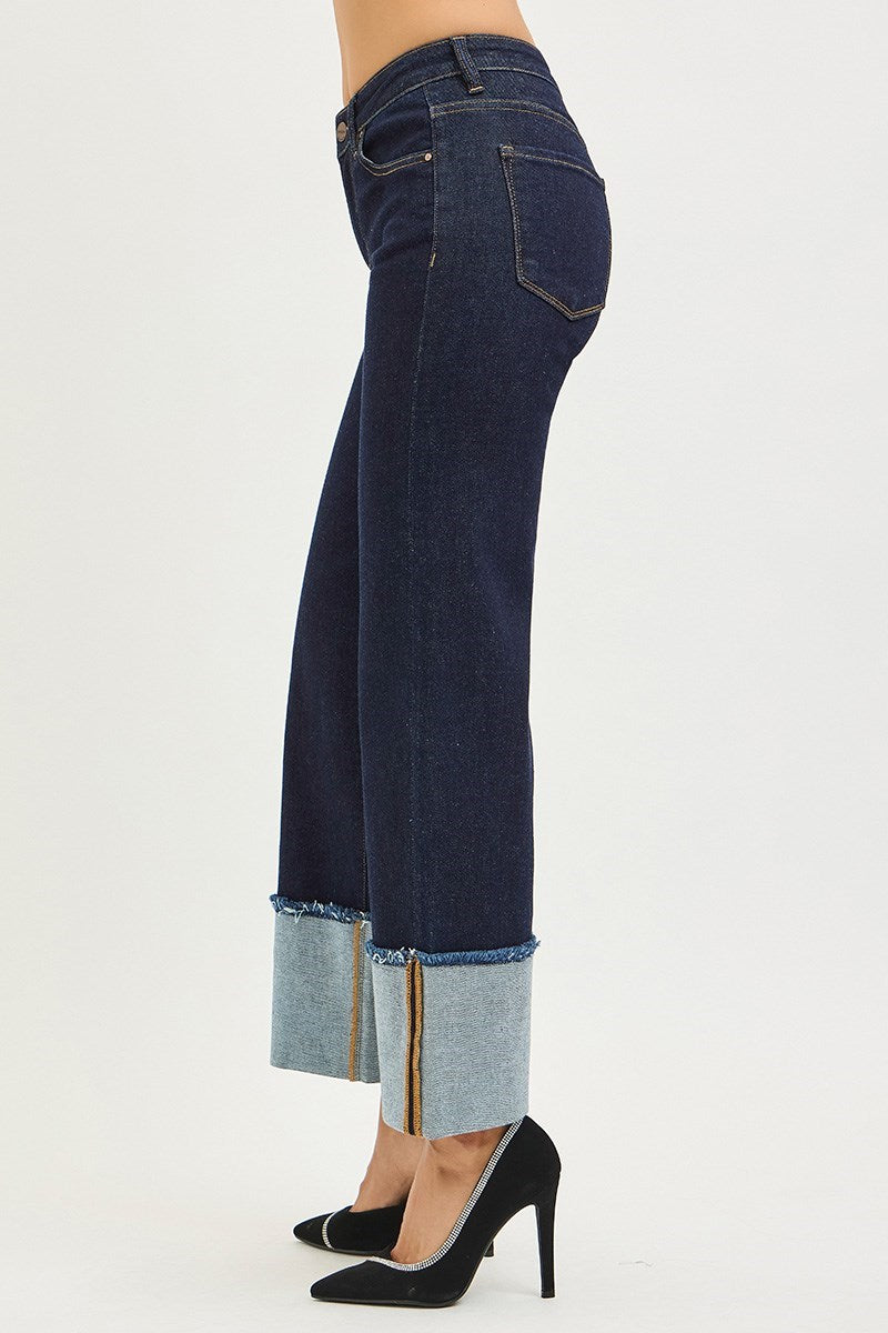 Risen Mid Rise Solid Dark Wide Cuff Jeans