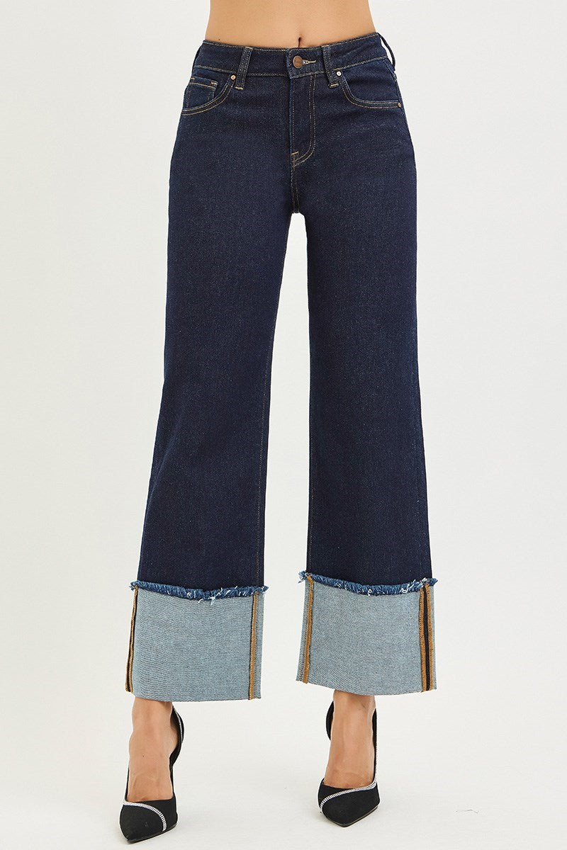 Risen Mid Rise Solid Dark Wide Cuff Jeans