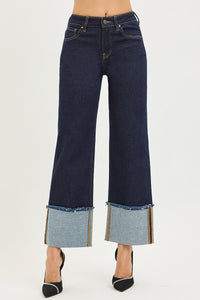 Risen Mid Rise Solid Dark Wide Cuff Jeans