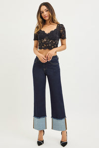 Risen Mid Rise Solid Dark Wide Cuff Jeans