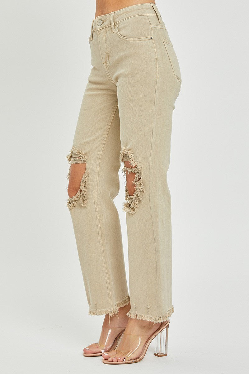 Risen High Rise Distressed Jeans - Sand