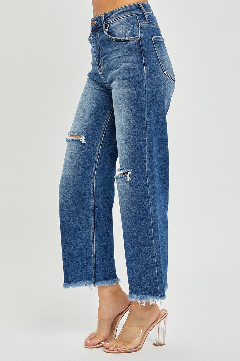 Risen High Rise Wide Leg  Frayed Ankle Dark Jean