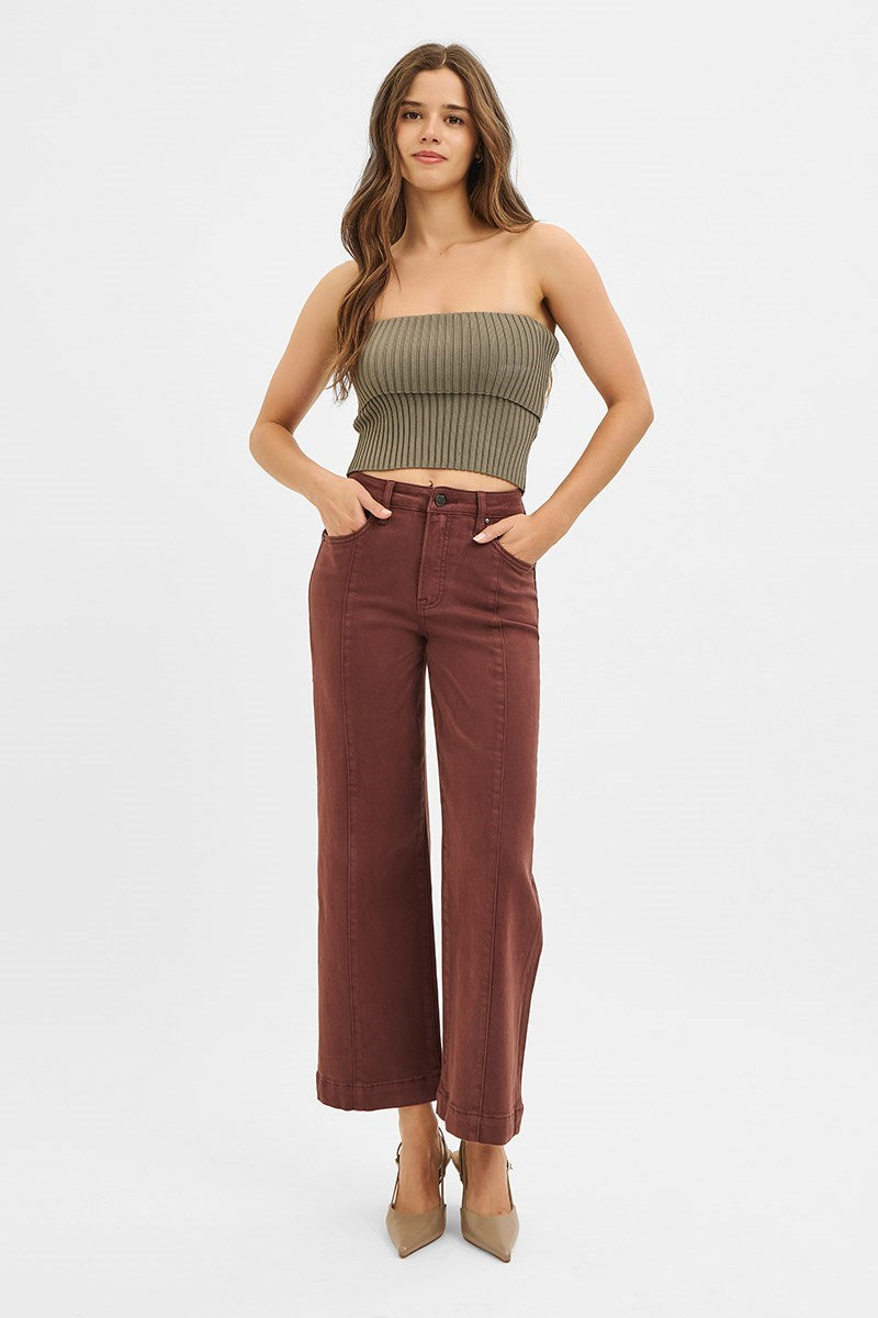 Risen Choco Brown High Rise Crop Jeans