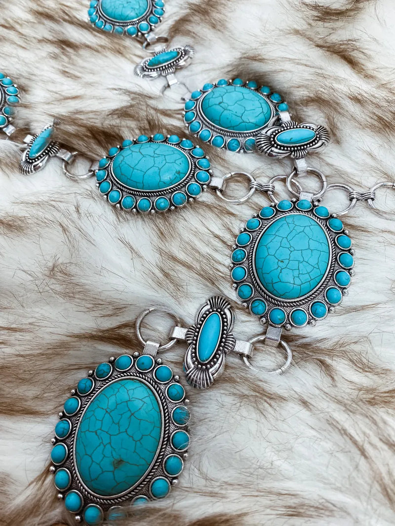 Turquoise Stone Blue Concho Western Chain Belt