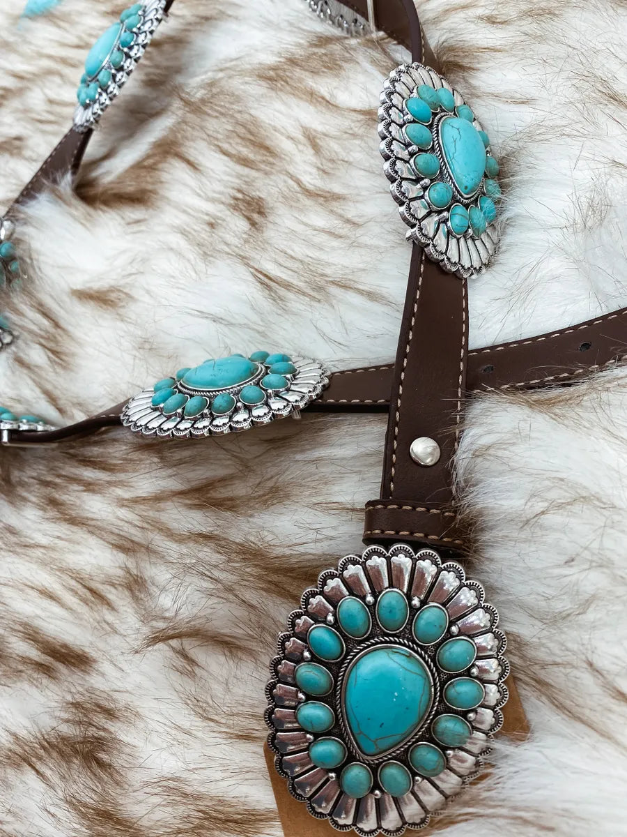 Western Leather Concho Belt With Turquoise-Brown