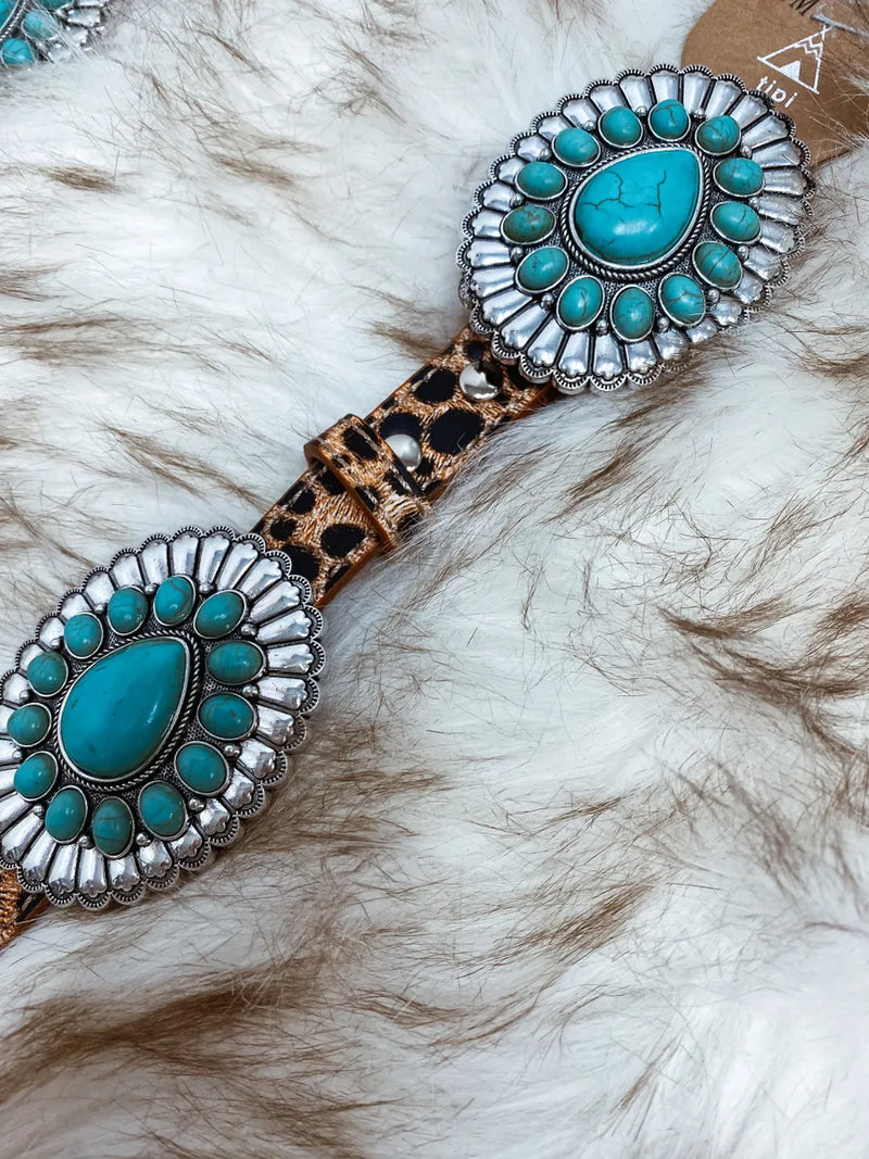 Western Leather Concho Belt With Turquoise-Cheetah