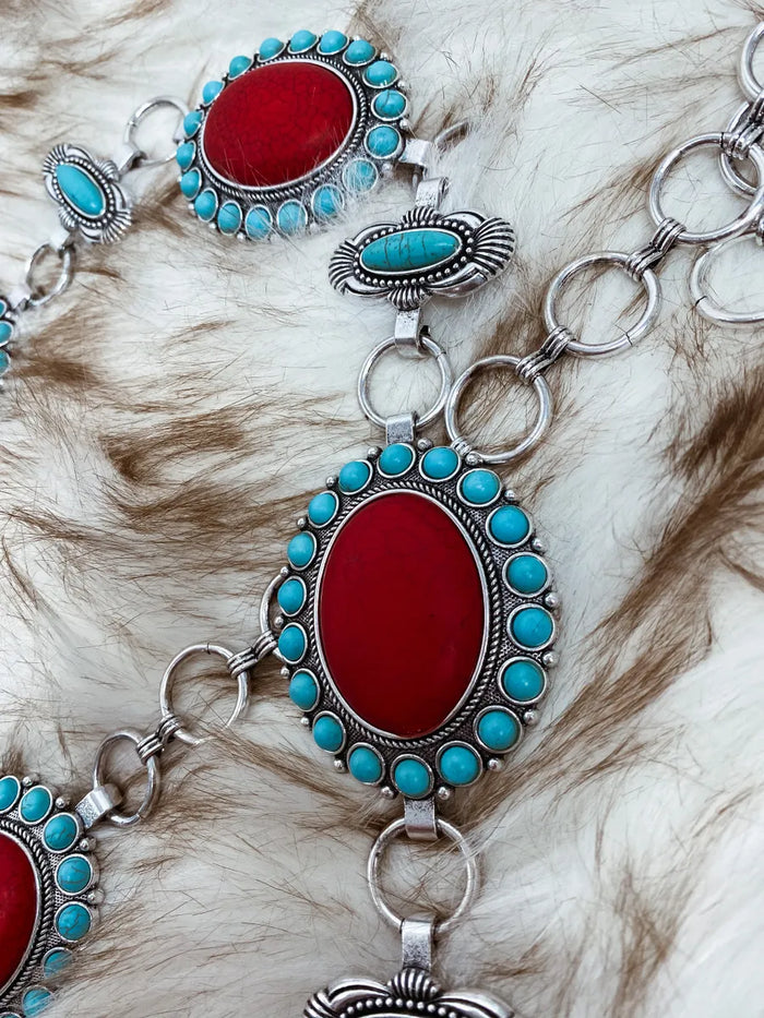Turquoise Stone Blue And Red Concho Chain Belt